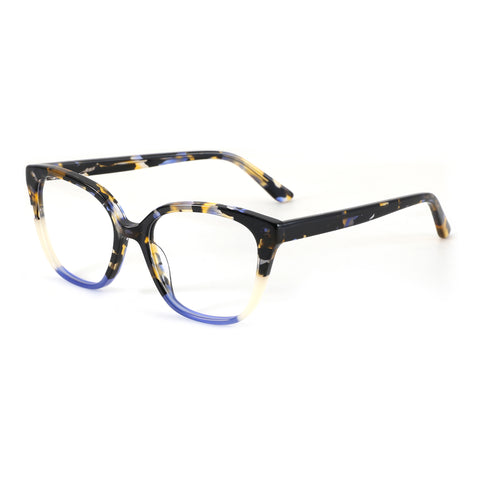 ZENOTTIC women's square acetate eyeglasses with black, yellow, blue speckle pattern and blue gradient.