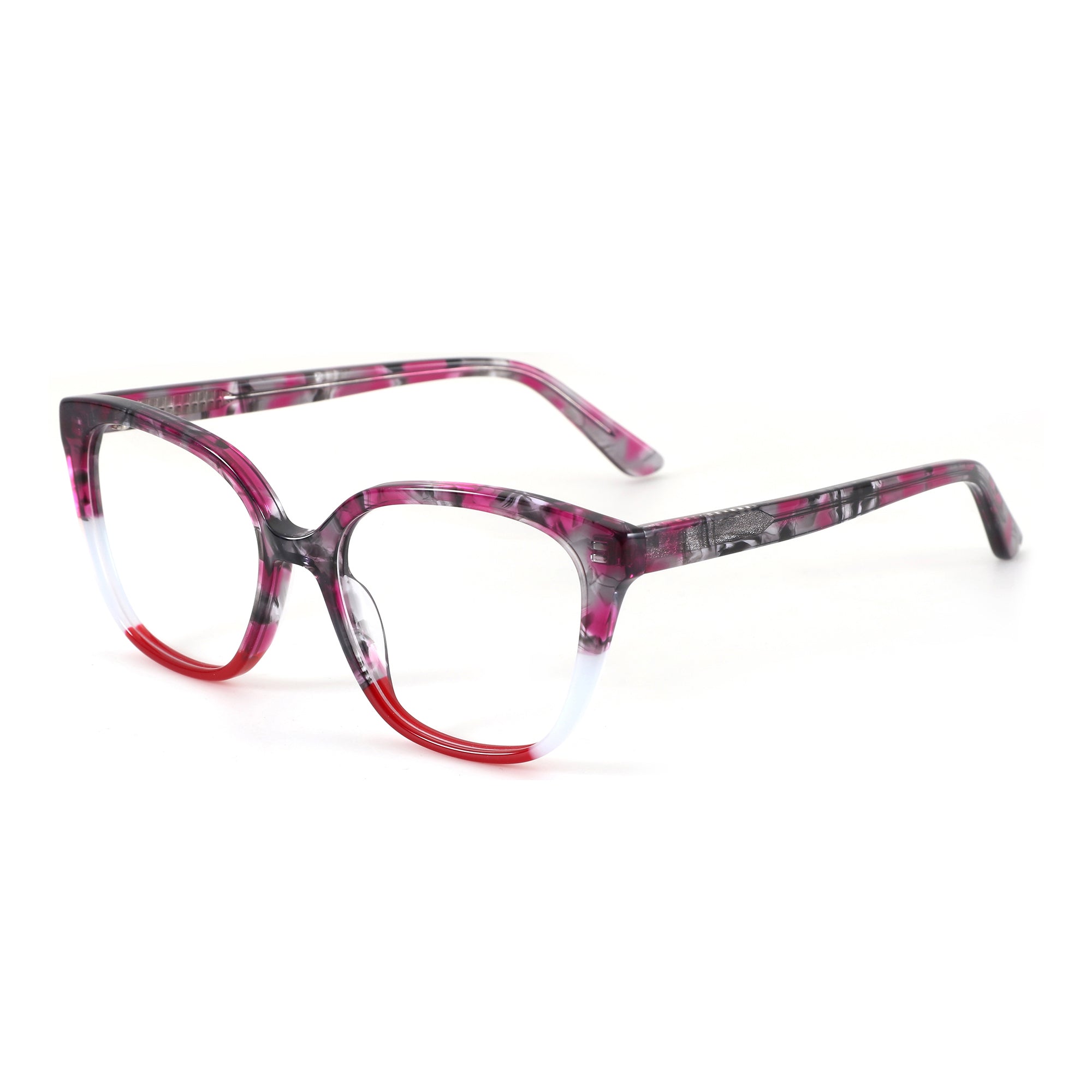 ZENOTTIC women's square acetate eyeglasses with pink marble pattern and red/white gradient front.