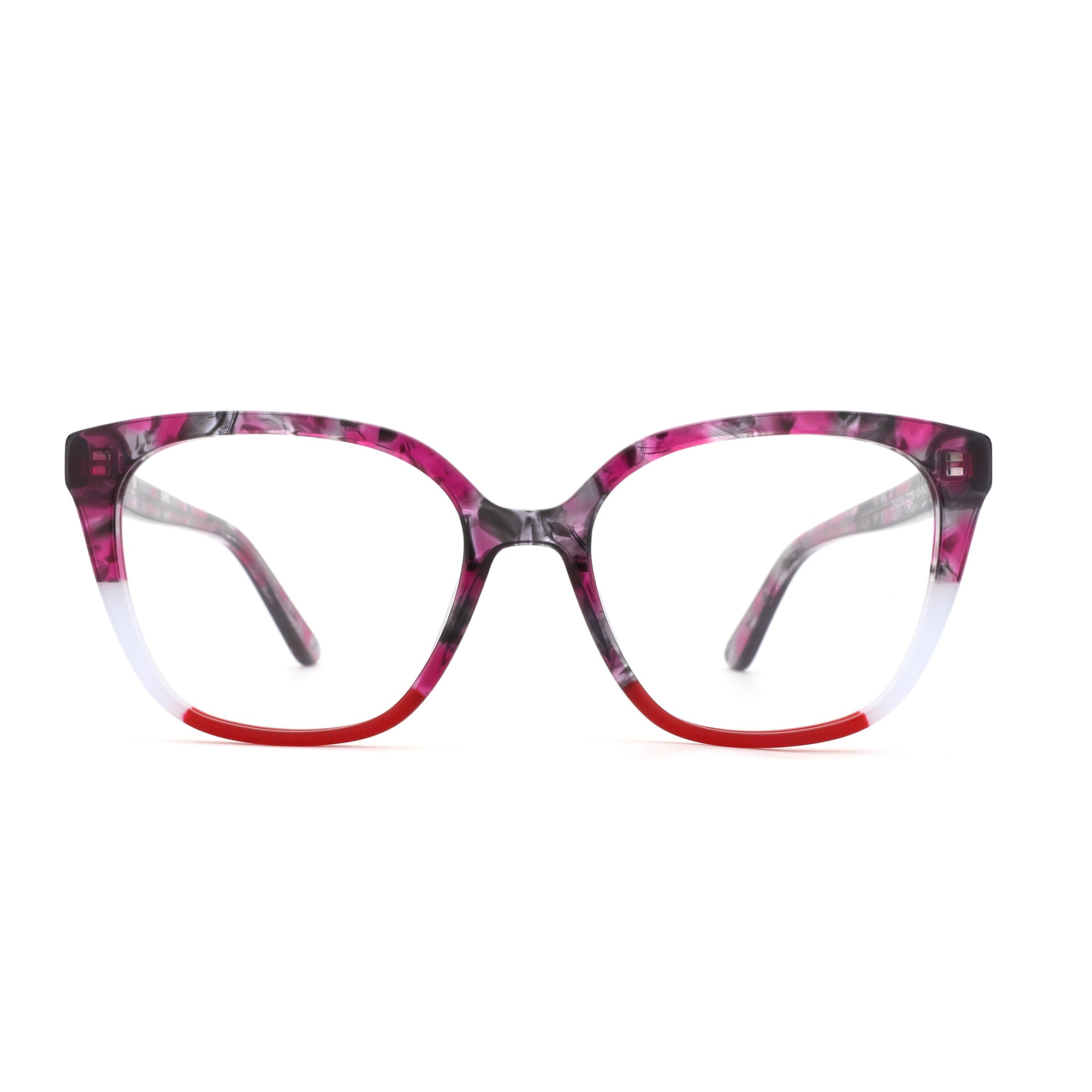 ZENOTTIC women's acetate square eyeglasses in pink marble, white, and red design.