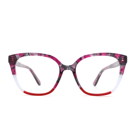 ZENOTTIC women's acetate square eyeglasses in pink marble, white, and red design.