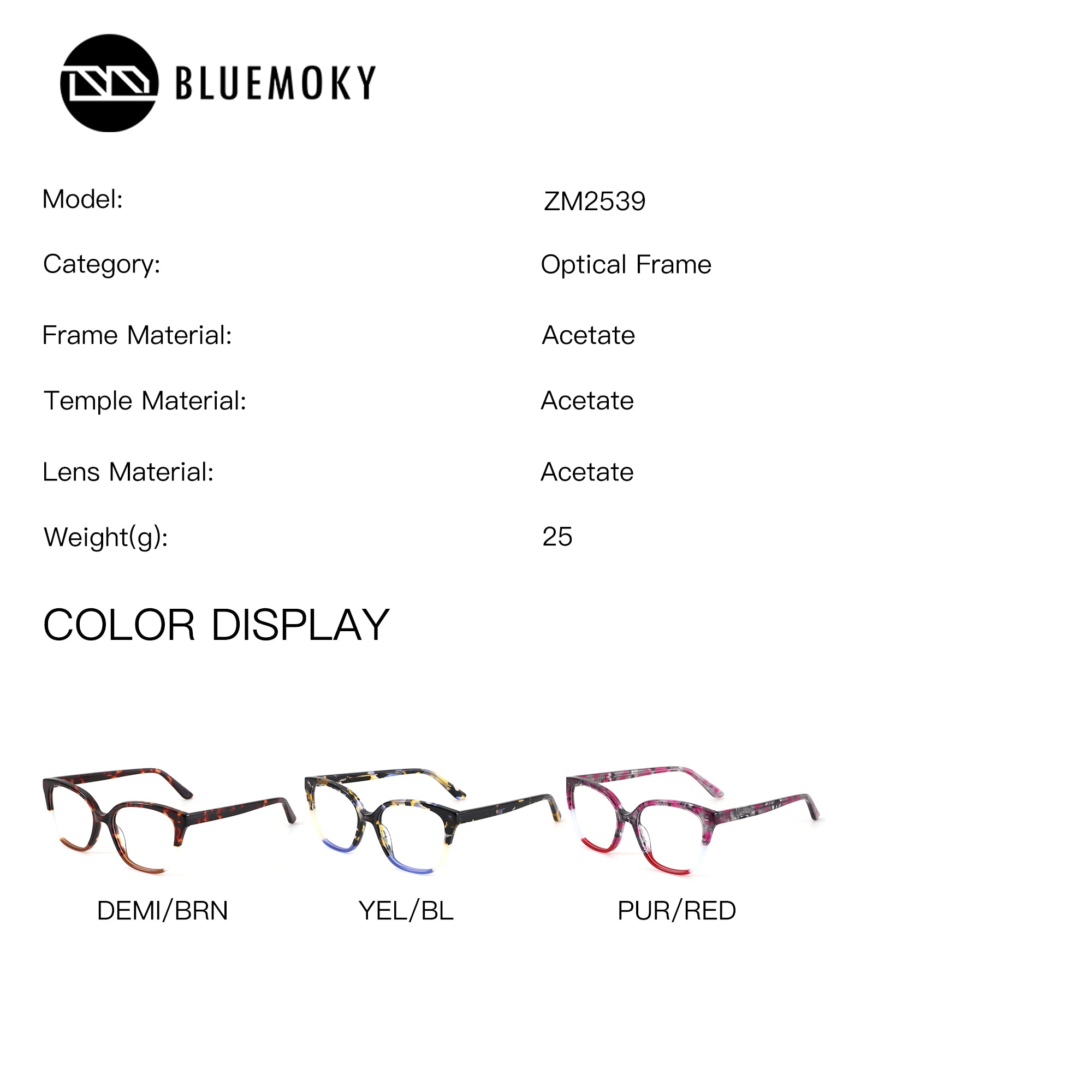 Zenottic ZM2539 acetate eyeglasses in Demi/Brown, Yellow/Blue, and Purple/Red color options.