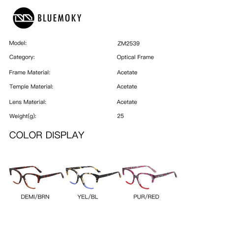 Zenottic ZM2539 acetate eyeglasses in Demi/Brown, Yellow/Blue, and Purple/Red color options.