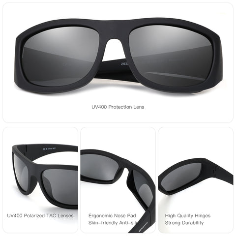 Zenottic Earl black sports square sunglasses with polarized UV400 protection resin lenses
