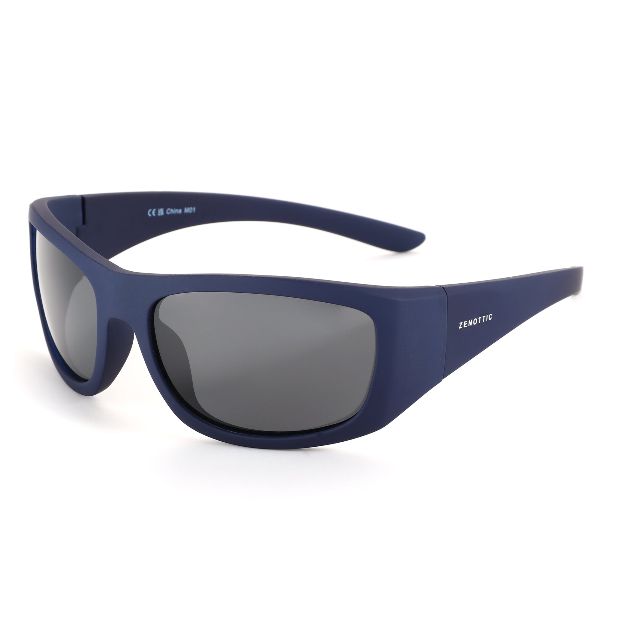 Zenottic Earl men's square sports sunglasses in navy blue TR90 frame with dark grey polarized lenses.