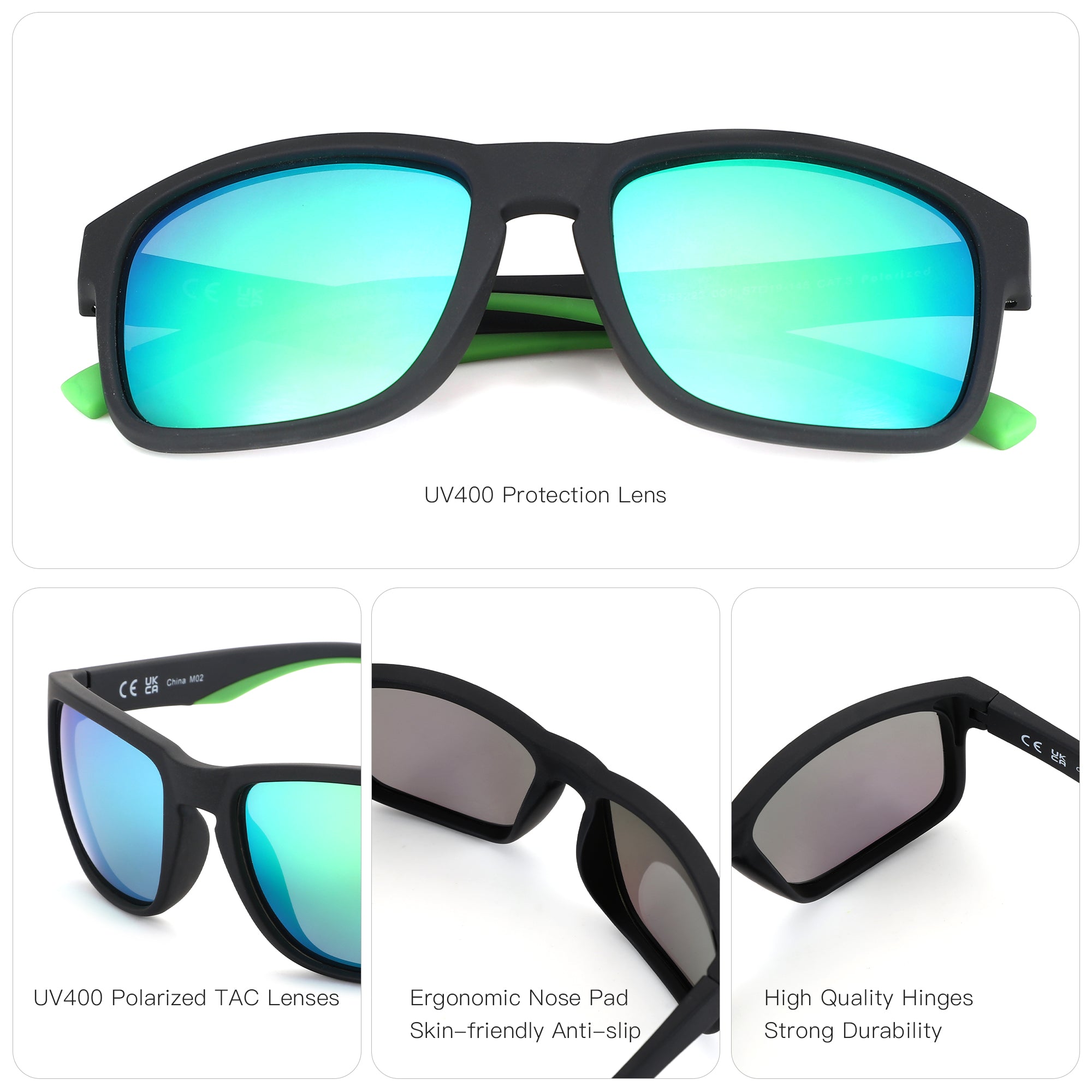 Zenottic Beacher sunglasses with black TR90 frame, UV400 polarized TAC lenses, and green accents.