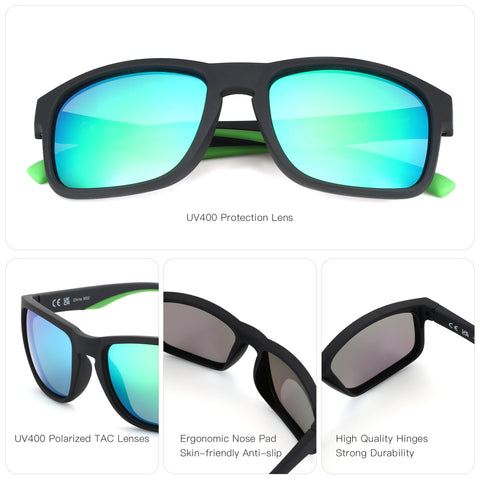 Zenottic Beacher sunglasses with black TR90 frame, UV400 polarized TAC lenses, and green accents.