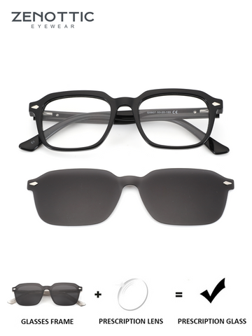 Zenottic Haley black geometric acetate prescription glasses with polarized clip-on.