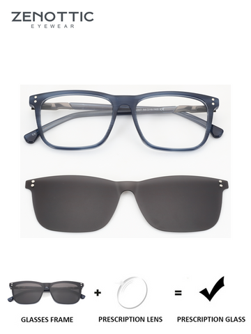 ZENOTTIC Lawrence blue acetate frame with clip-on sunglasses for prescription lenses.
