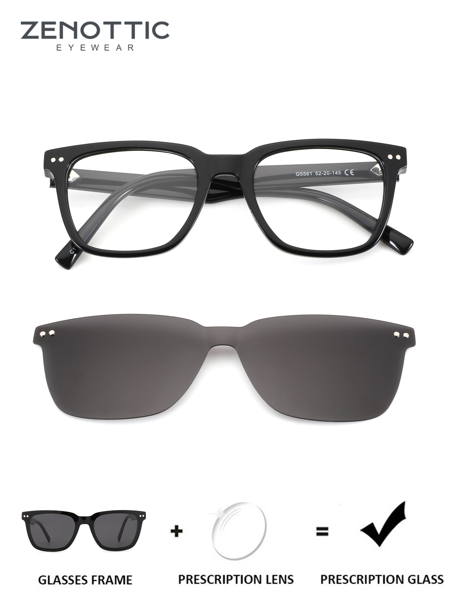 ZENOTTIC black acetate square glasses with clip-on sun lens & prescription assembly diagram.