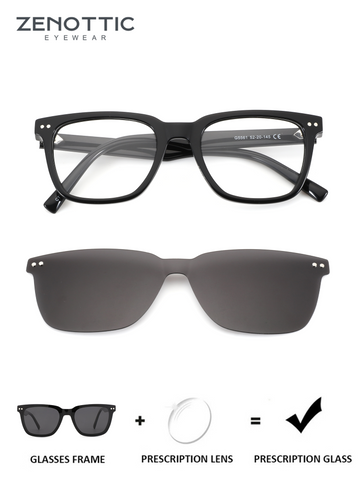 ZENOTTIC black acetate square glasses with clip-on sun lens & prescription assembly diagram.