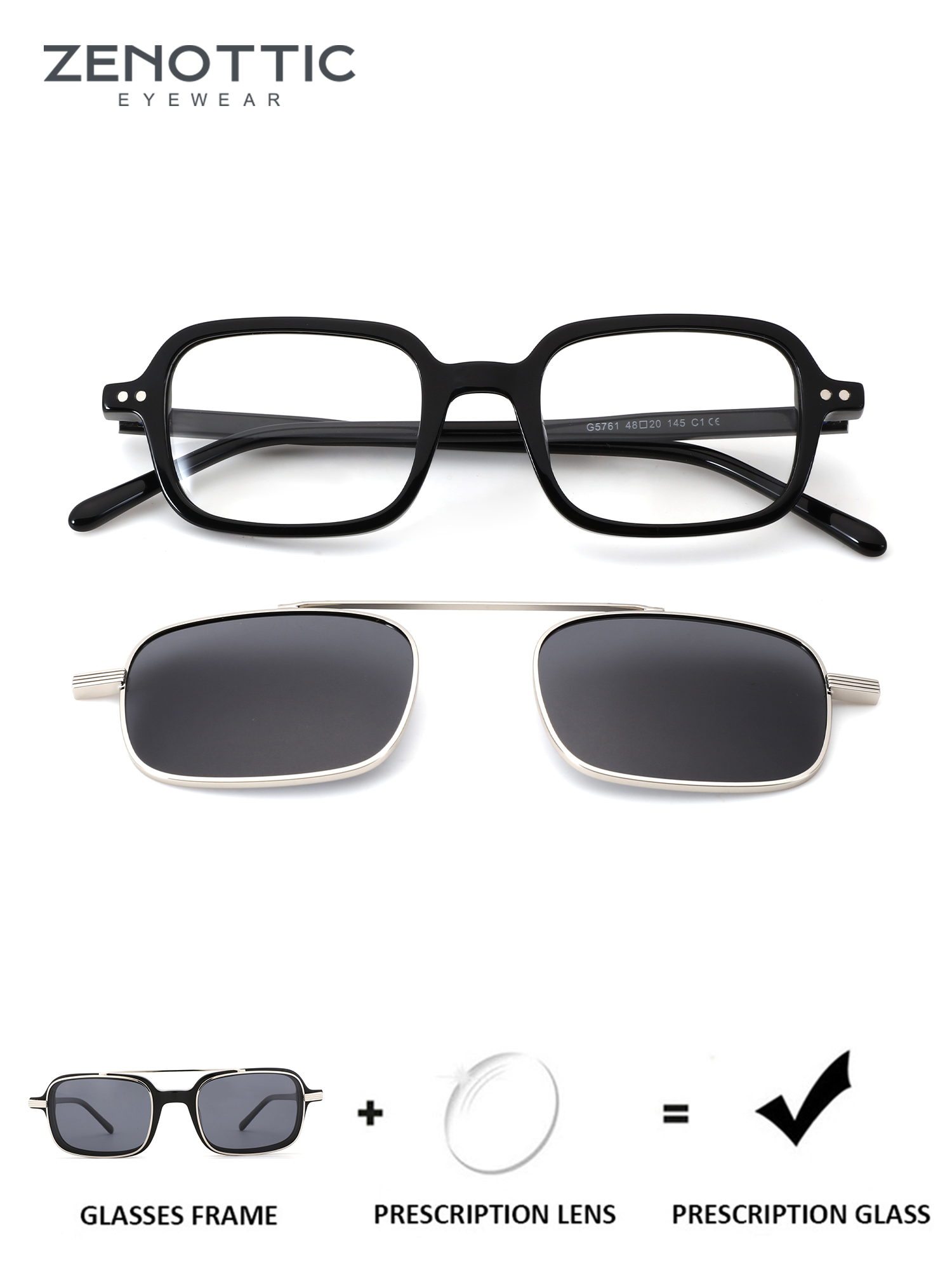 ZENOTTIC Ives square black acetate prescription glasses and clip-on sunglasses