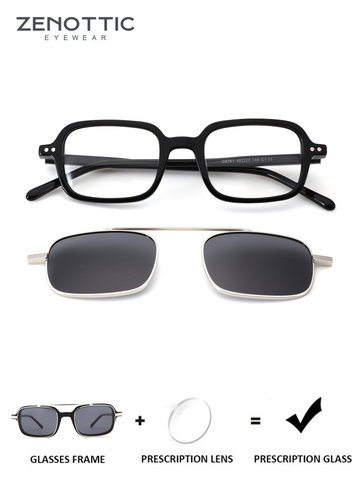ZENOTTIC Ives square black acetate prescription glasses and clip-on sunglasses