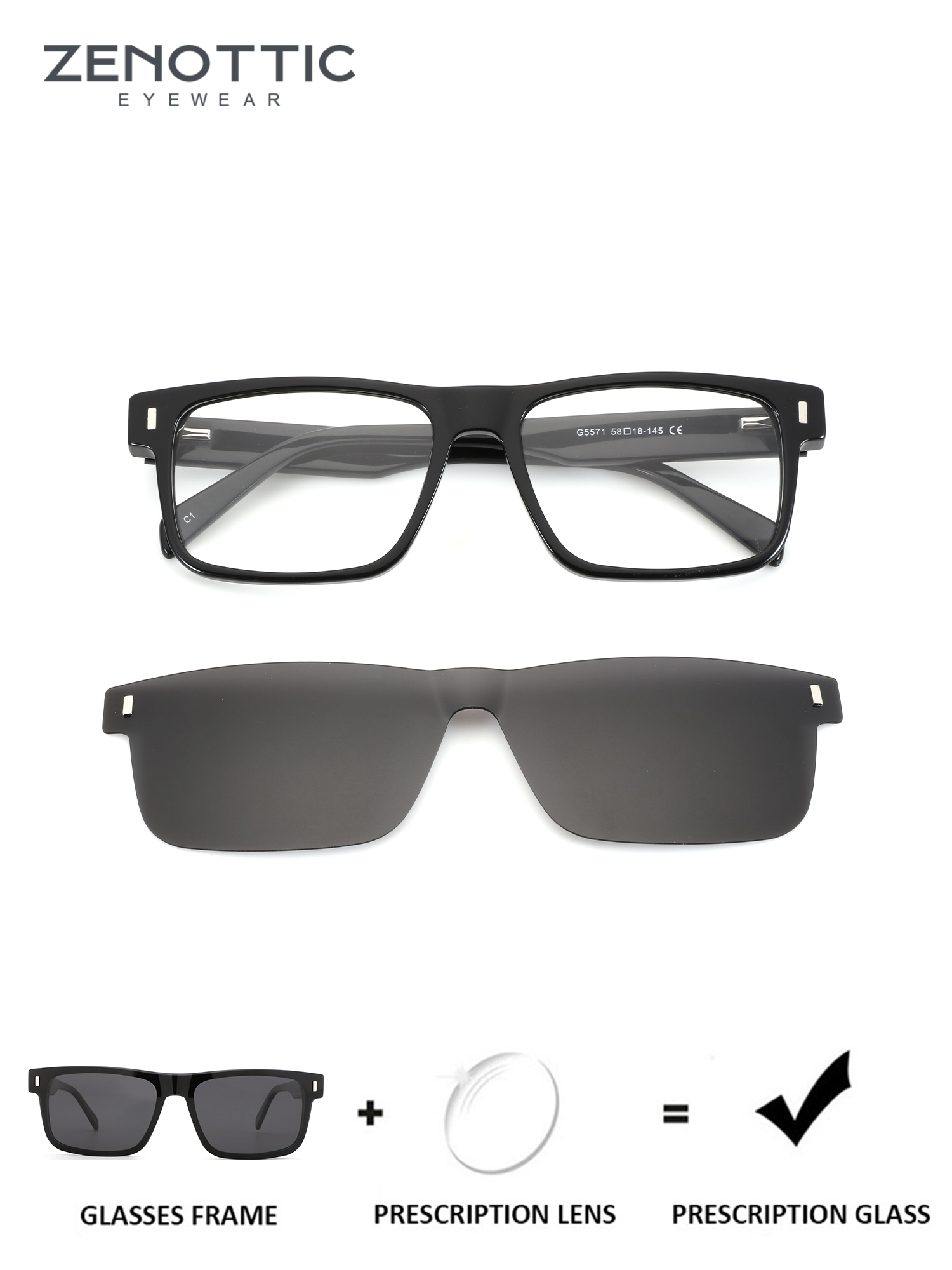 ZENOTTIC Greg black acetate square prescription glasses frame and clip-on sunglasses.