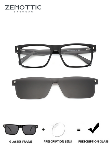 ZENOTTIC Greg black acetate square prescription glasses frame and clip-on sunglasses.