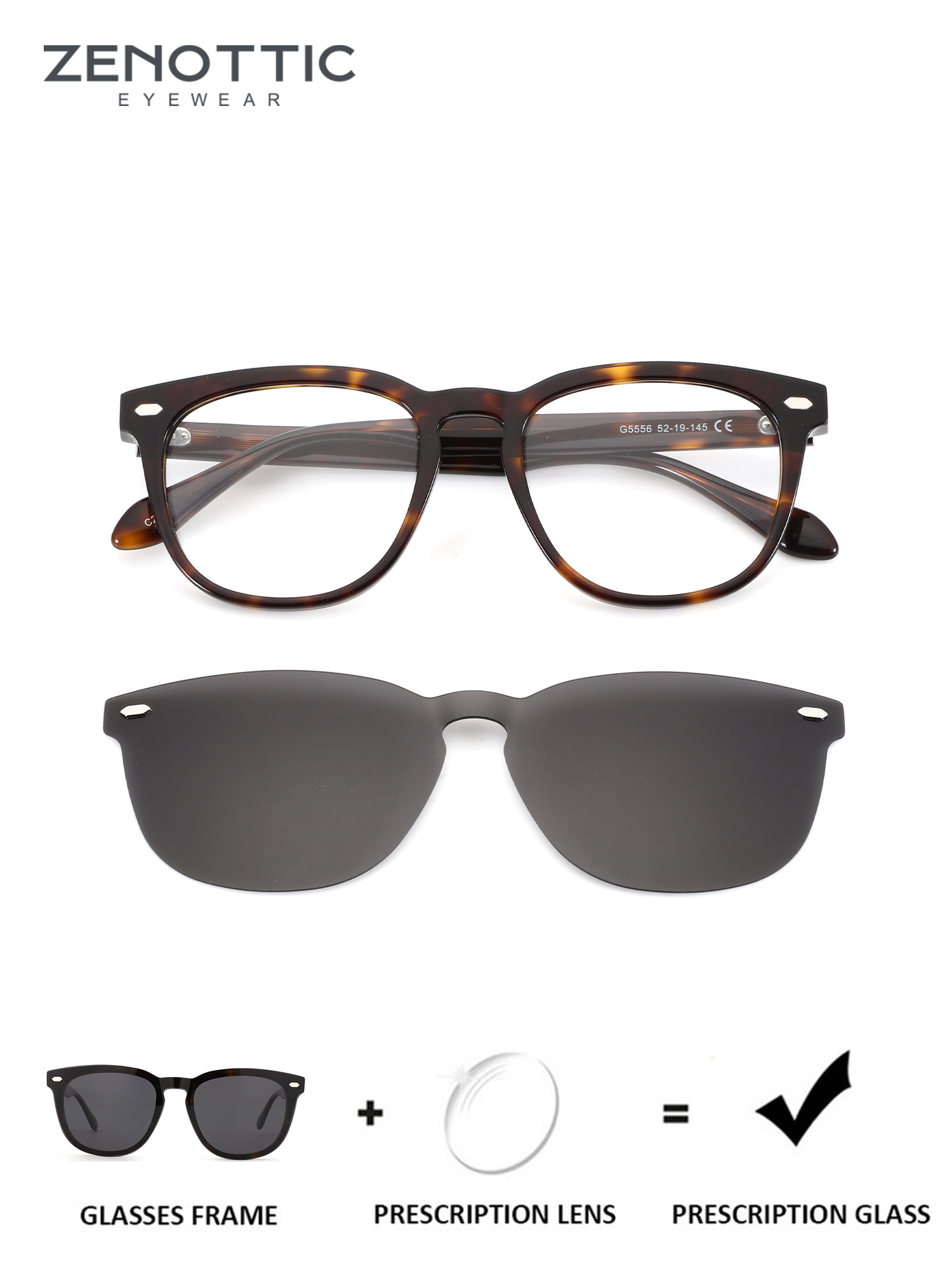 ZENOTTIC Euphoria tortoise acetate retro prescription round sunglasses with clip-on.