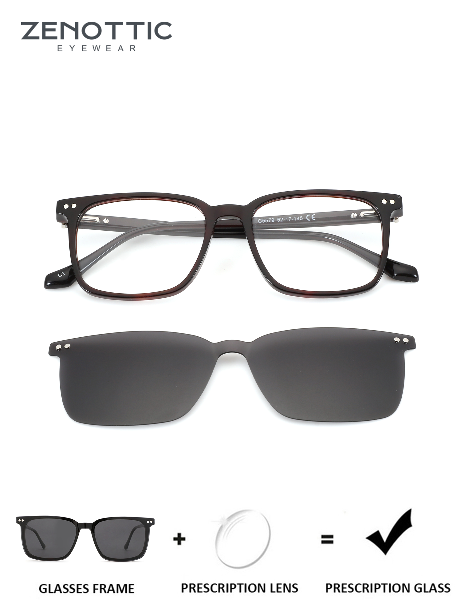 ZENOTTIC Jim acetate prescription glasses with detachable UV protection clip-on sunglasses.