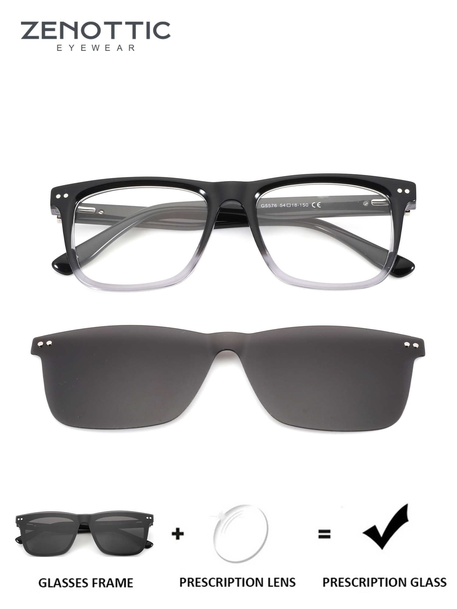 Zenottic Justin square acetate prescription glasses with clip-on sun lens