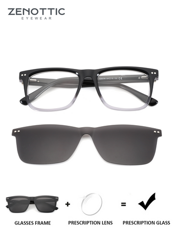 Zenottic Justin square acetate prescription glasses with clip-on sun lens