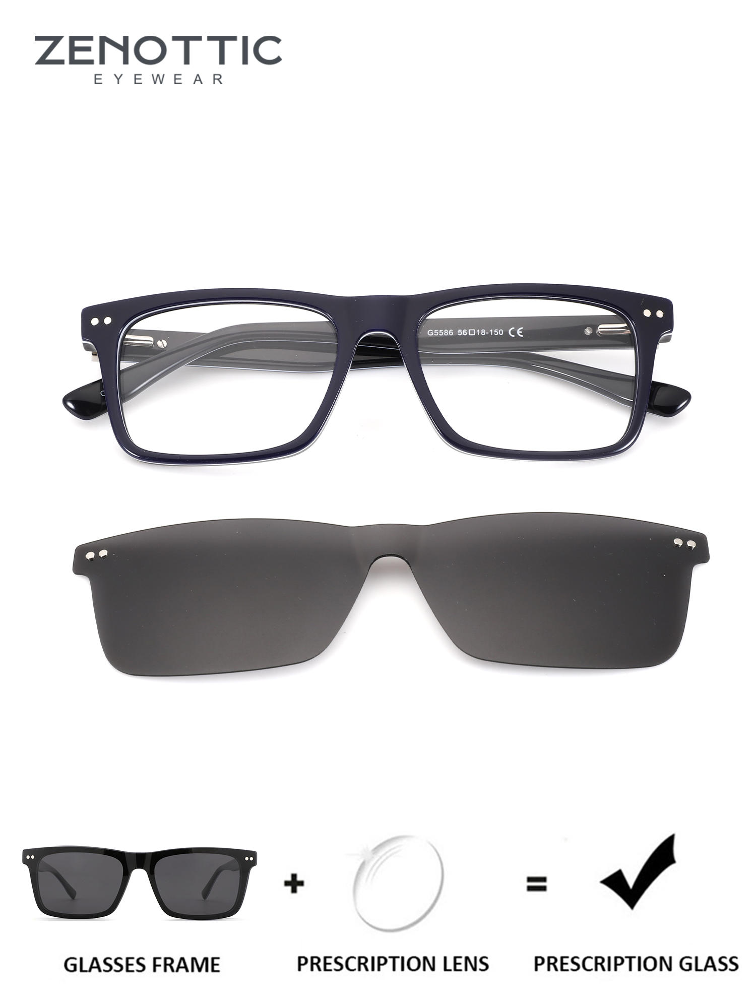 Zenottic Jeremy blue acetate frame for prescription glasses and clip-on sunglasses.