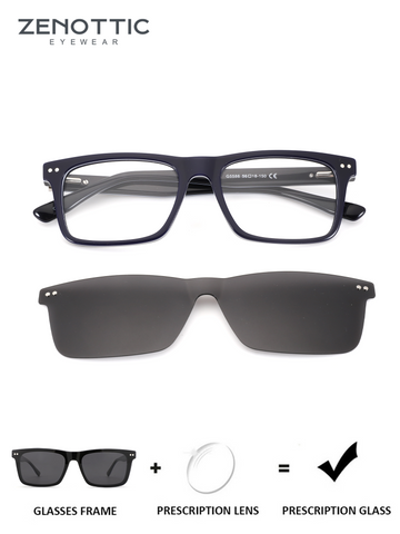 Zenottic Jeremy blue acetate frame for prescription glasses and clip-on sunglasses.