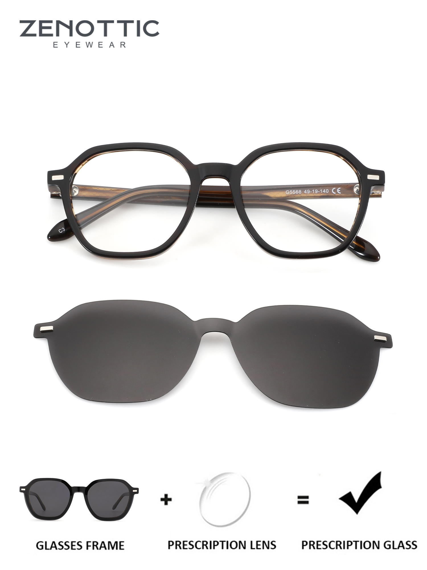 ZENOTTIC Jason retro geometric black acetate glasses with clip-on sun lens