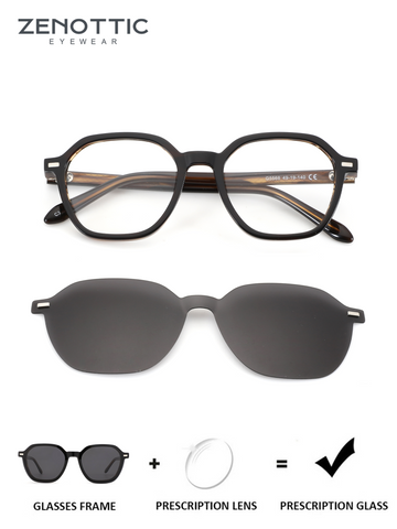 ZENOTTIC Jason retro geometric black acetate glasses with clip-on sun lens