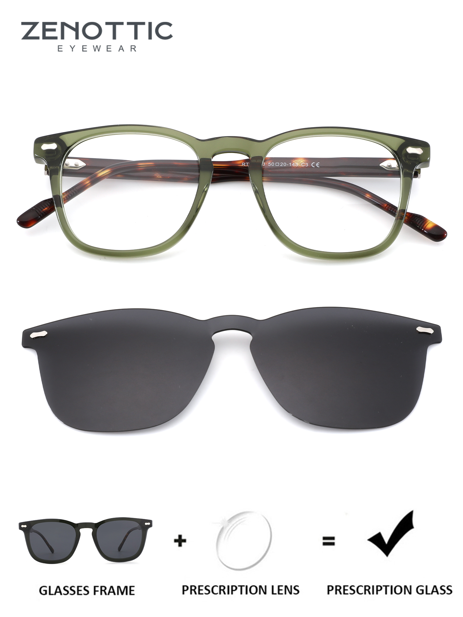 Zenottic Jose square sunglasses: dark green acetate frame, tortoise temples, UV protection.