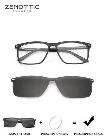 ZENOTTIC G5575 black acetate prescription glasses with clip-on sunglasses