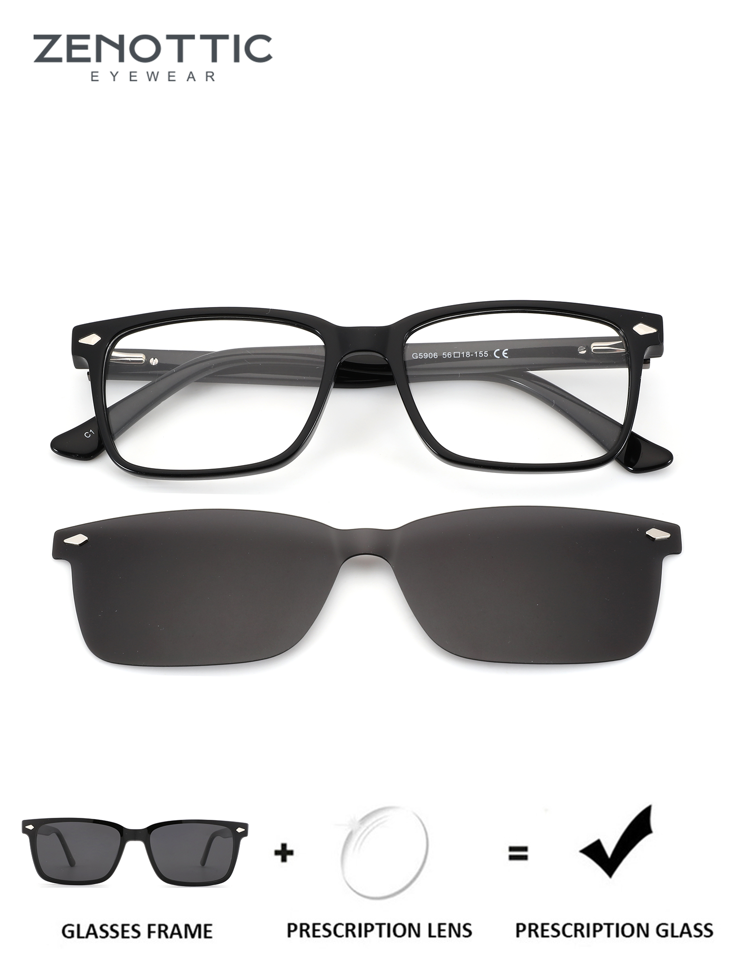 Zenottic Hogan square acetate eyeglasses, prescription lens compatible, clip-on sunglasses