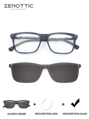 ZENOTTIC Lawrence blue acetate frame with clip-on sunglasses for prescription lenses.