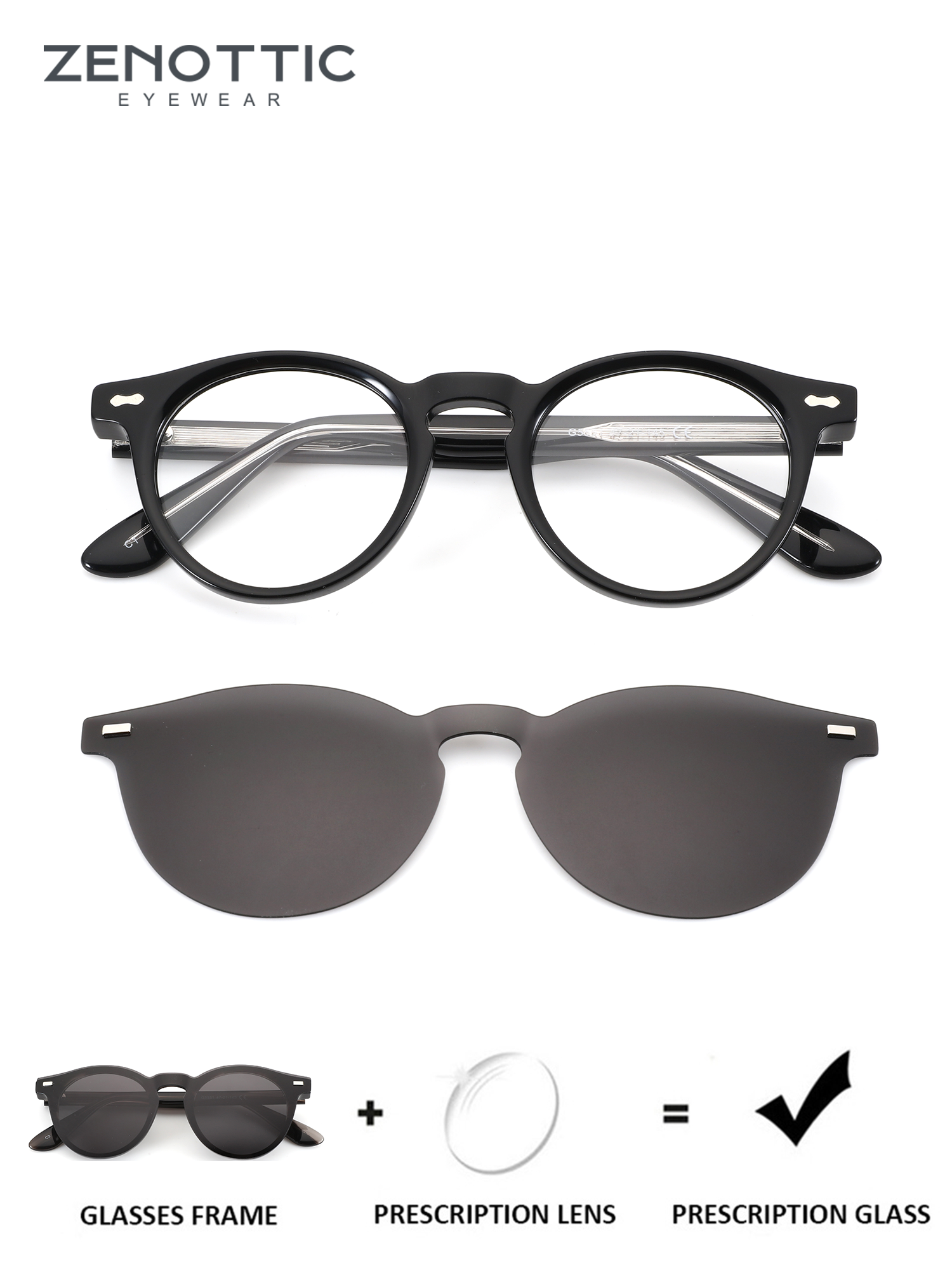 ZENOTTIC Cinta black acetate round glasses with polarized clip-on lenses for prescription.