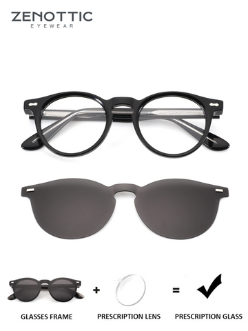 ZENOTTIC Cinta black acetate round glasses with polarized clip-on lenses for prescription.