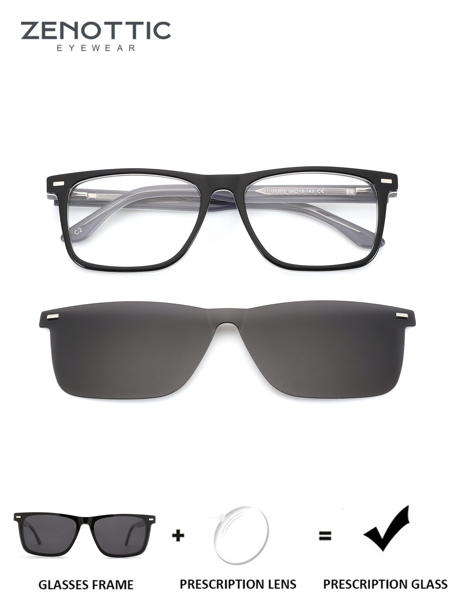 ZENOTTIC Ellis men's black acetate square prescription glasses with clip-on sunglasses lens.