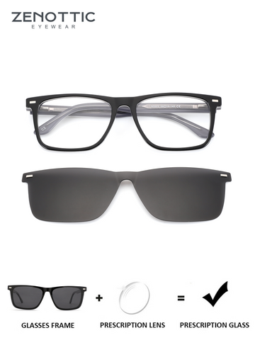 ZENOTTIC Ellis men's black acetate square prescription glasses with clip-on sunglasses lens.