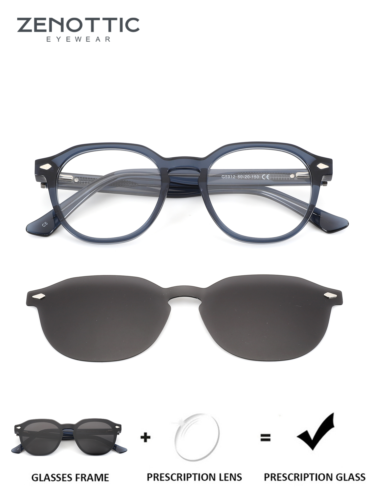 ZENOTTIC G5912 navy acetate geometric frame with clip-on UV sunglasses lens