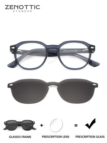 ZENOTTIC G5912 navy acetate geometric frame with clip-on UV sunglasses lens