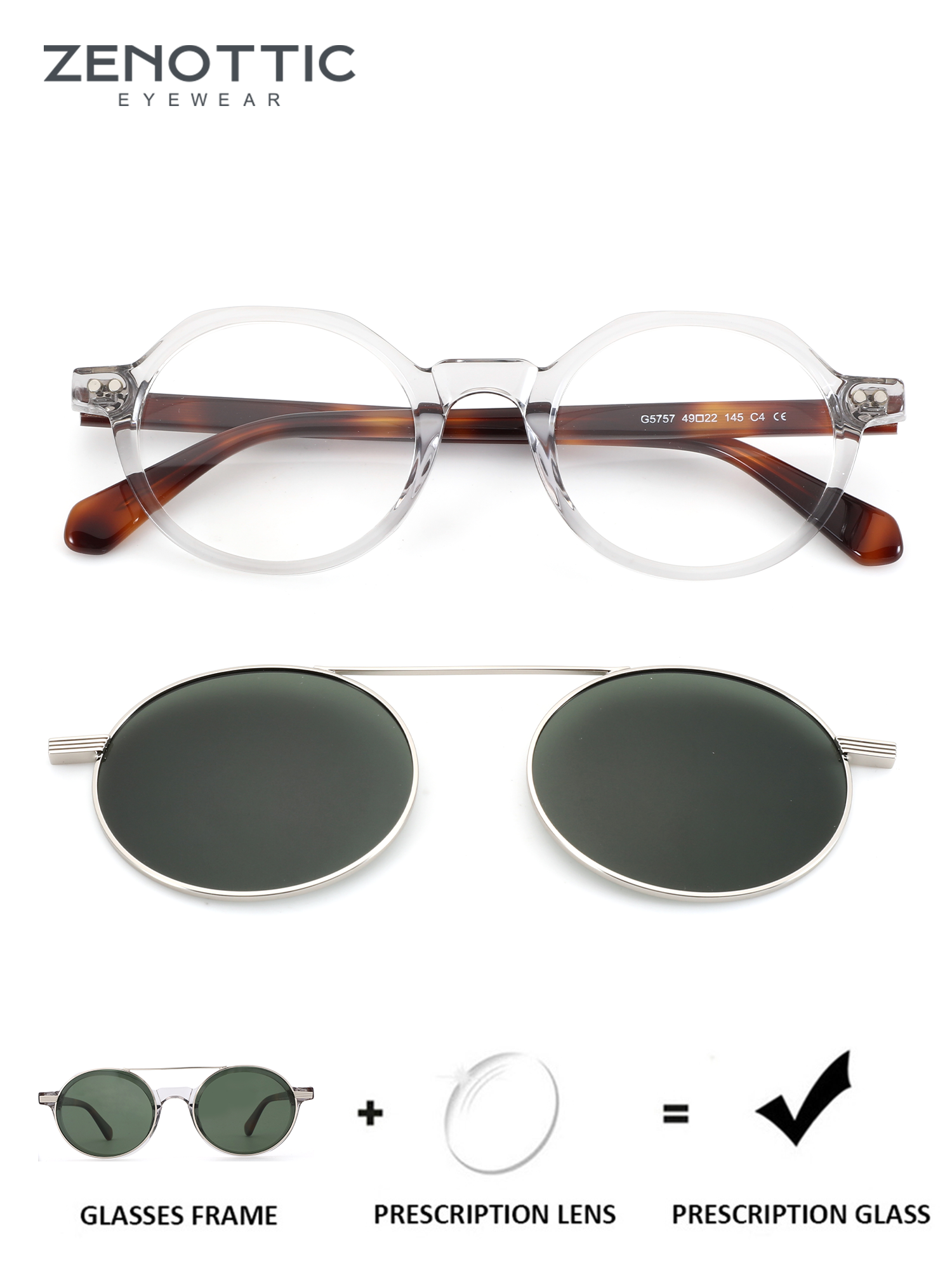 Zenottic Ivan convertible prescription sunglasses: clear acetate round frame with clip-on lenses.