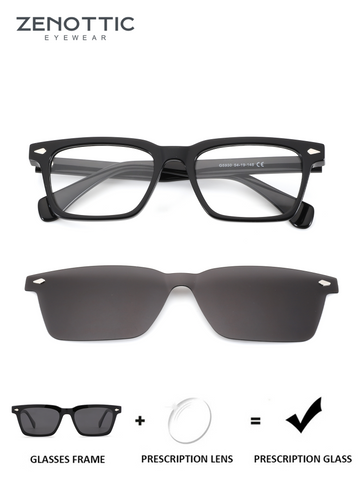 Zenottic George black acetate square frame with clip-on sunglasses